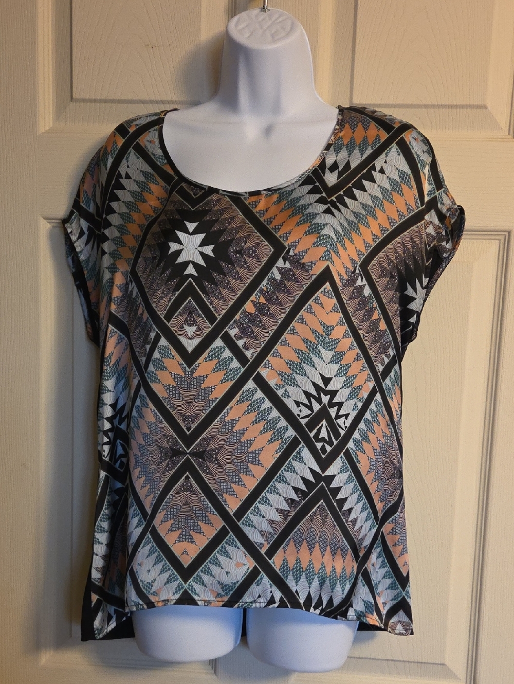 Hinge Geometric Print Short Sleeve Top - Peach Multi XS